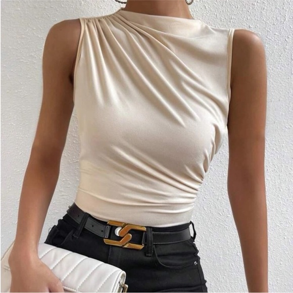 Tan & ivory ruched sleeveless stretchy top - Picture 5 of 6